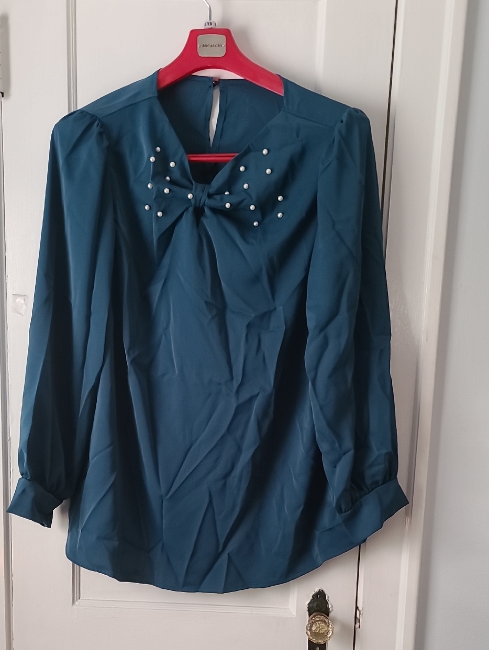 SHEIN Teal Pearl Bow Long-Sleeve Blouse